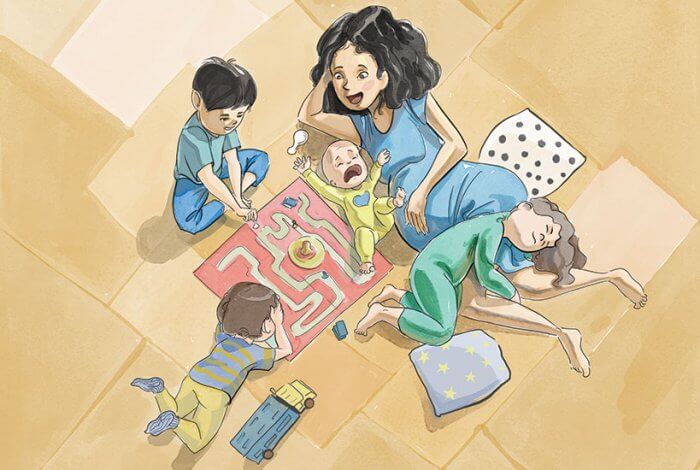 Ilustración madre con hijos juega