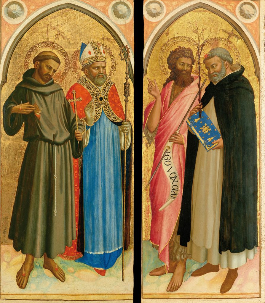 Ilustración: Artvee.com, pintura de Fra Angelico (Italia, 1400-1455) San Francisco y un obispo santo; san Juan Bautista y santo Domingo.
